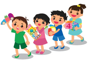 一群小孩在排著隊，各人手執不同的玩具